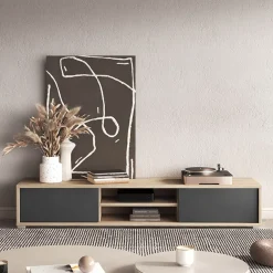 Garnero Arredamenti Mobile Tv In Legno|Mobile Tv Basso-Mobile TV soggiorno sospeso 180x32h cm 2 ante a ribalta 2 vani antracite rovere Glem Antracite - Rovere