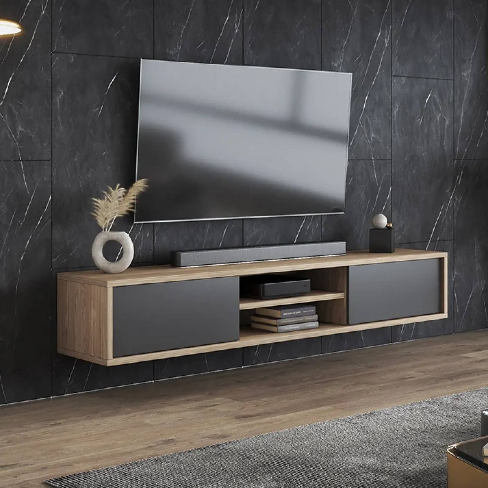 Garnero Arredamenti Mobile Tv In Legno|Mobile Tv Basso-Mobile TV soggiorno sospeso 180x32h cm 2 ante a ribalta 2 vani antracite rovere Glem Antracite - Rovere