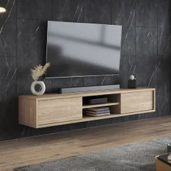 Garnero Arredamenti Mobile Tv In Legno|Mobile Tv Basso-Mobile TV soggiorno sospeso 180x32h cm 2 ante a ribalta 2 vani Glem Rovere