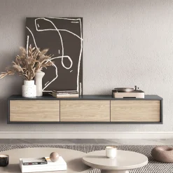 Garnero Arredamenti Mobile Tv In Legno|Mobile Tv Basso-Mobile TV soggiorno sospeso 180x32h cm 3 ante a ribalta rovere grigio Glem Rovere - Antracite