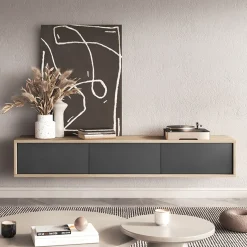 Garnero Arredamenti Mobile Tv In Legno|Mobile Tv Basso-Mobile TV soggiorno sospeso 180x32h cm 3 ante a ribalta antracite rovere Glem Antracite - Rovere