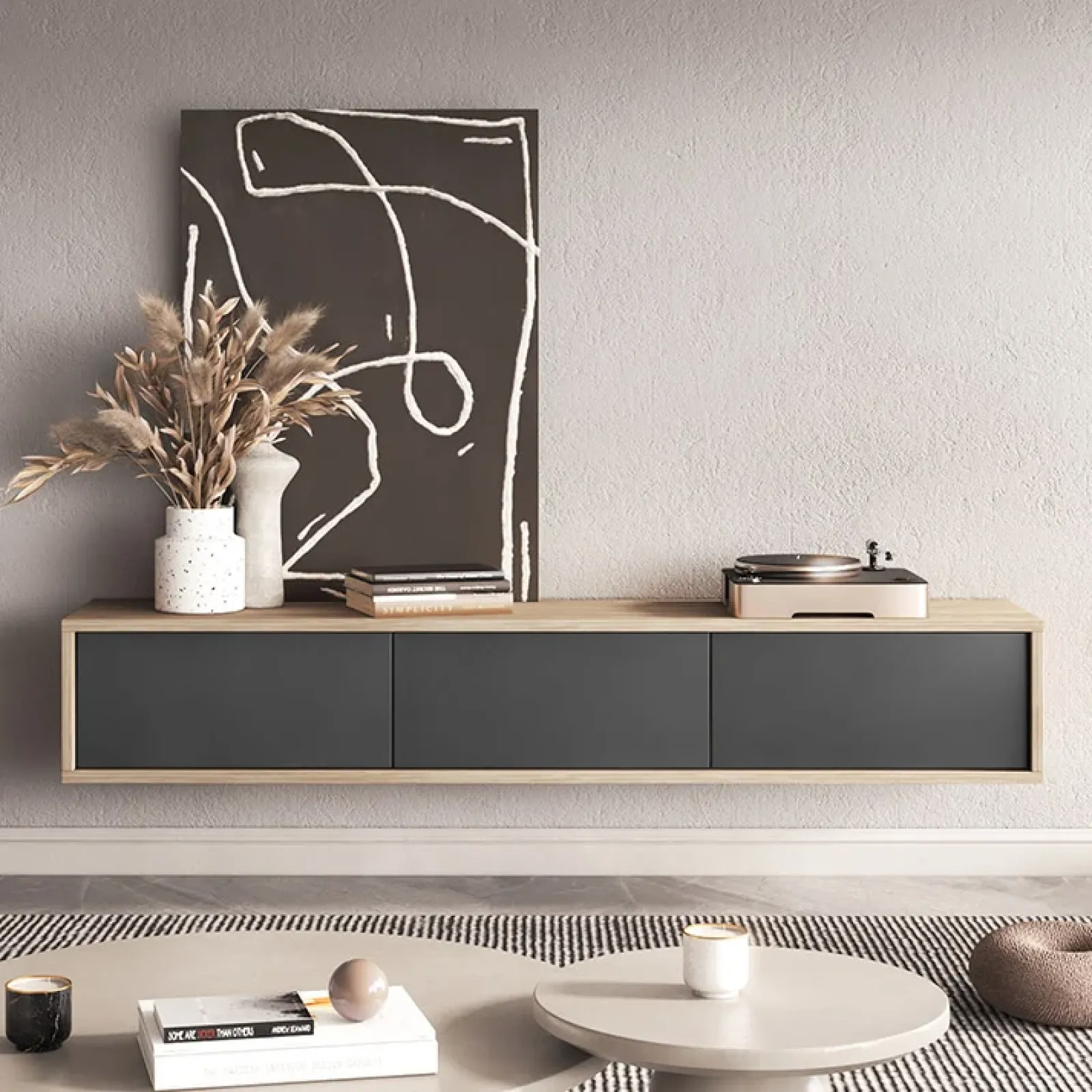 Garnero Arredamenti Mobile Tv In Legno|Mobile Tv Basso-Mobile TV soggiorno sospeso 180x32h cm 3 ante a ribalta antracite rovere Glem Antracite - Rovere