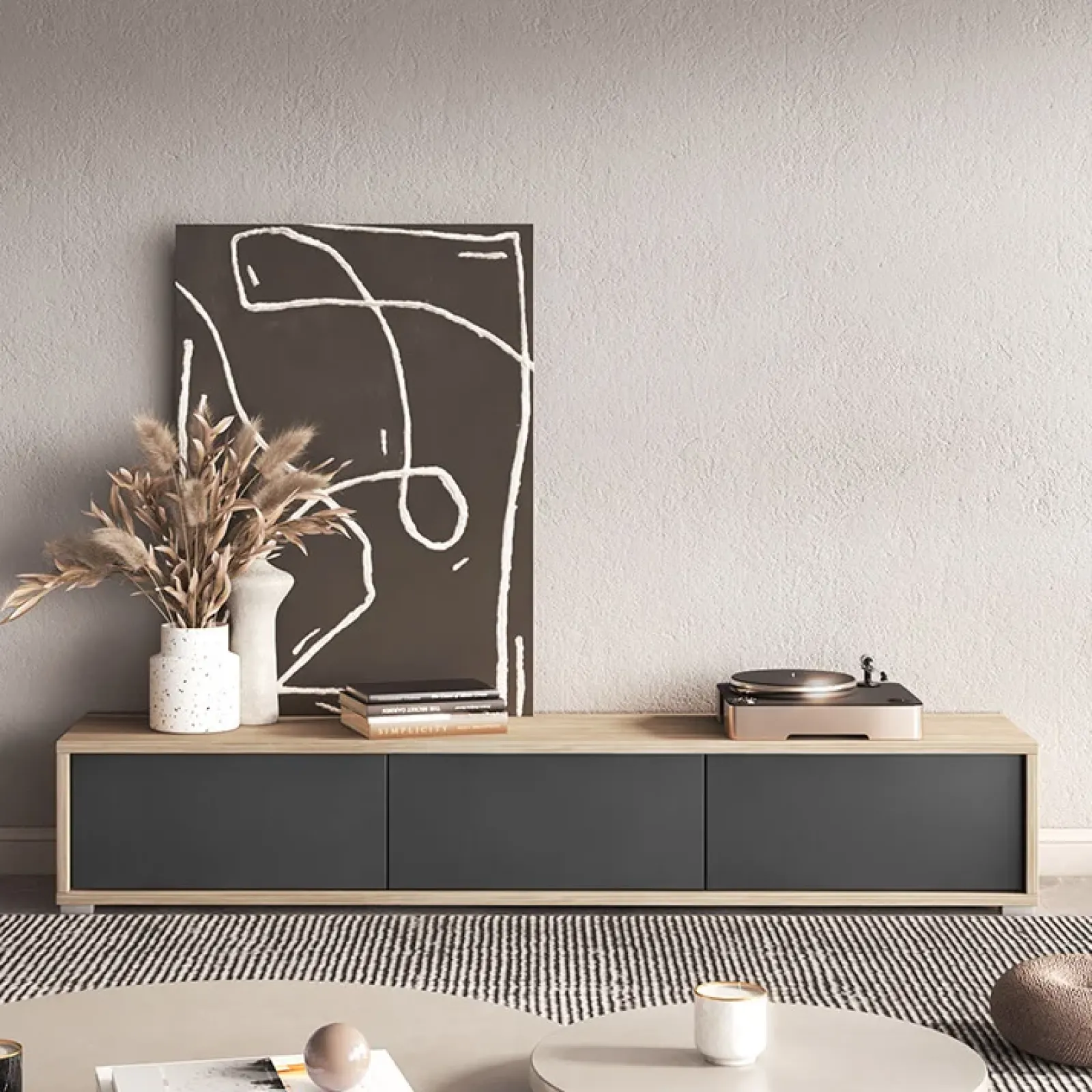 Garnero Arredamenti Mobile Tv In Legno|Mobile Tv Basso-Mobile TV soggiorno sospeso 180x32h cm 3 ante a ribalta antracite rovere Glem Antracite - Rovere