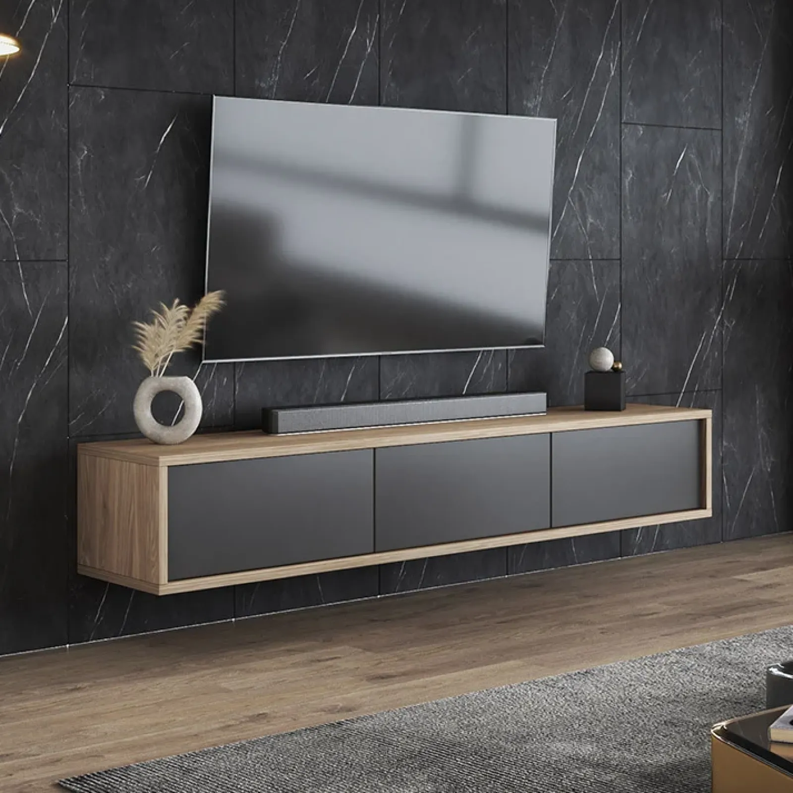 Garnero Arredamenti Mobile Tv In Legno|Mobile Tv Basso-Mobile TV soggiorno sospeso 180x32h cm 3 ante a ribalta antracite rovere Glem Antracite - Rovere