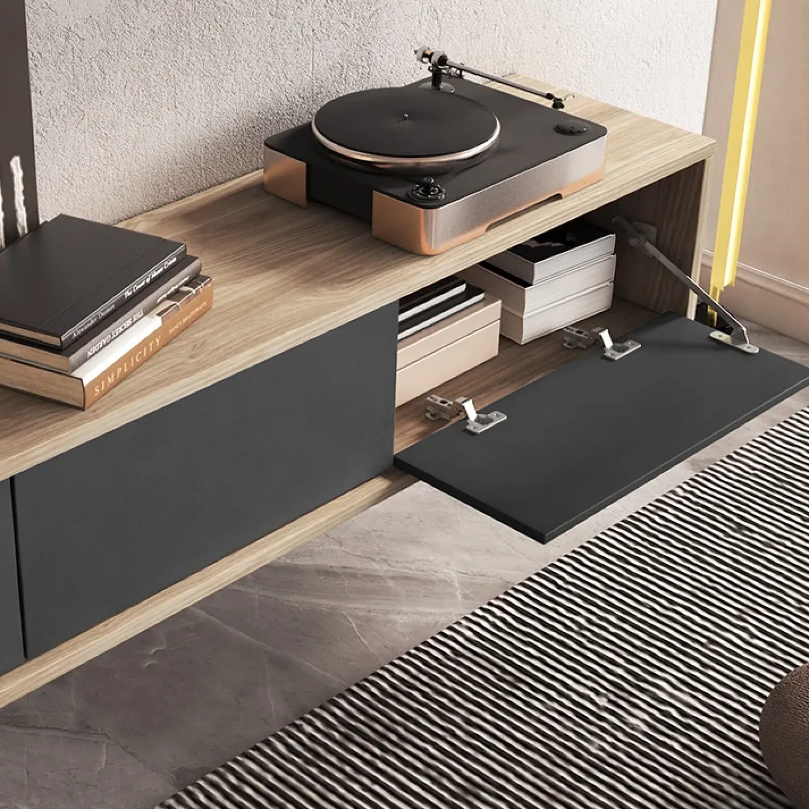 Garnero Arredamenti Mobile Tv In Legno|Mobile Tv Basso-Mobile TV soggiorno sospeso 180x32h cm 3 ante a ribalta antracite rovere Glem Antracite - Rovere