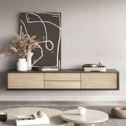 Garnero Arredamenti Mobile Tv In Legno|Mobile Tv Basso-Mobile TV soggiorno sospeso 180x32h cm 2 ante a ribalta 2 cassetti  rovere grigio Glem Rovere - Antracite