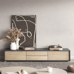 Garnero Arredamenti Mobile Tv In Legno|Mobile Tv Basso-Mobile TV soggiorno sospeso 180x32h cm 2 ante a ribalta 2 cassetti  rovere grigio Glem Rovere - Antracite