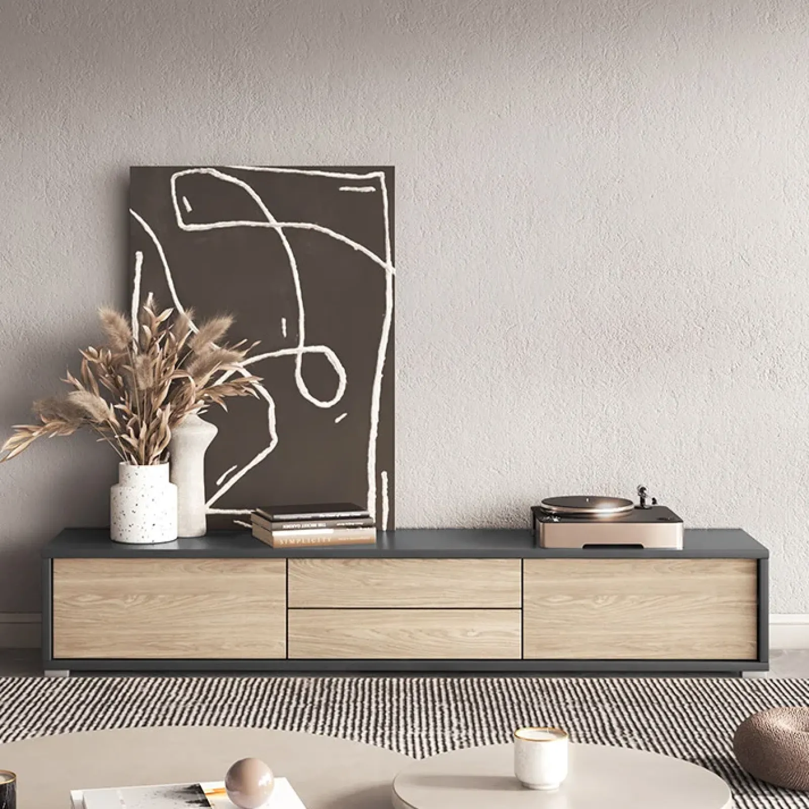 Garnero Arredamenti Mobile Tv In Legno|Mobile Tv Basso-Mobile TV soggiorno sospeso 180x32h cm 2 ante a ribalta 2 cassetti rovere grigio Glem Rovere - Antracite