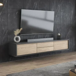 Garnero Arredamenti Mobile Tv In Legno|Mobile Tv Basso-Mobile TV soggiorno sospeso 180x32h cm 2 ante a ribalta 2 cassetti rovere grigio Glem Rovere - Antracite