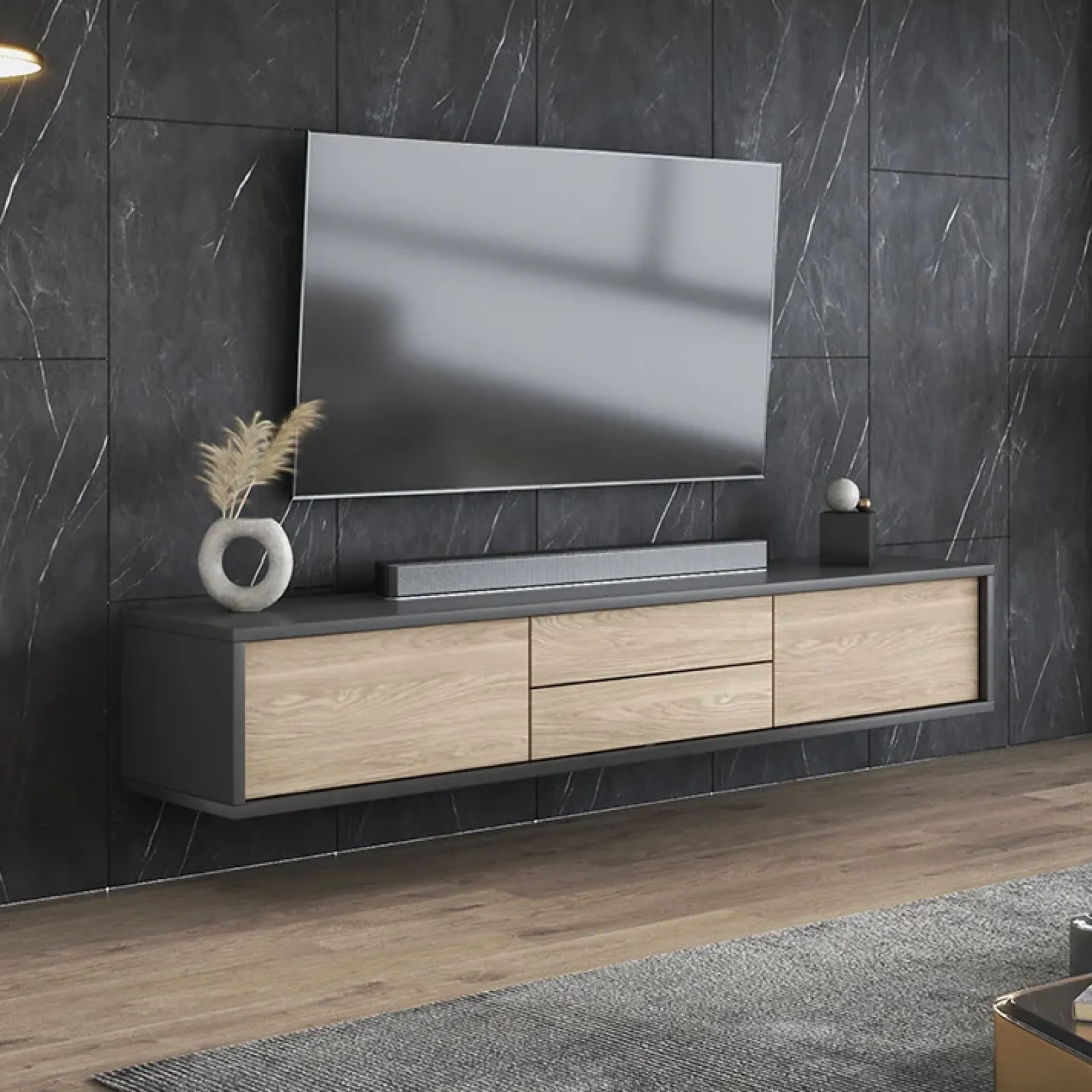 Garnero Arredamenti Mobile Tv In Legno|Mobile Tv Basso-Mobile TV soggiorno sospeso 180x32h cm 2 ante a ribalta 2 cassetti rovere grigio Glem Rovere - Antracite