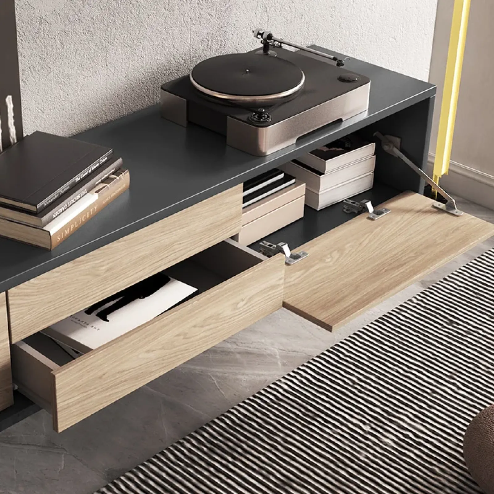 Garnero Arredamenti Mobile Tv In Legno|Mobile Tv Basso-Mobile TV soggiorno sospeso 180x32h cm 2 ante a ribalta 2 cassetti rovere grigio Glem Rovere - Antracite