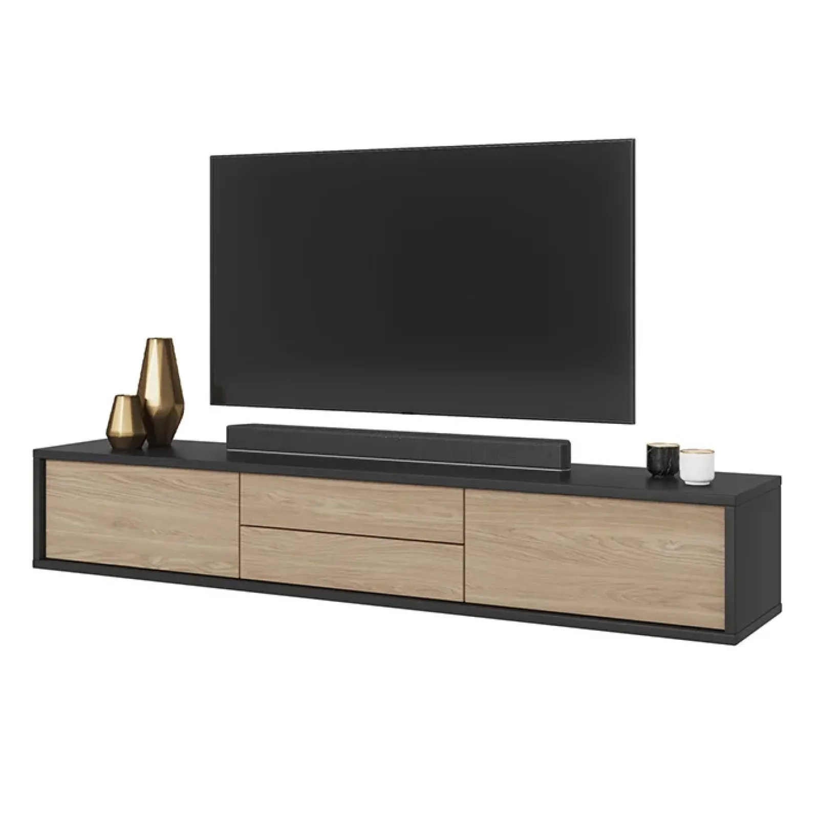 Garnero Arredamenti Mobile Tv In Legno|Mobile Tv Basso-Mobile TV soggiorno sospeso 180x32h cm 2 ante a ribalta 2 cassetti rovere grigio Glem Rovere - Antracite