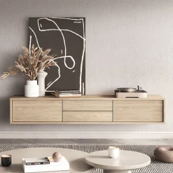 Garnero Arredamenti Mobile Tv In Legno|Mobile Tv Basso-Mobile TV soggiorno sospeso 180x32h cm 2 ante a ribalta 2 cassetti   Glem Rovere