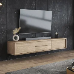 Garnero Arredamenti Mobile Tv In Legno|Mobile Tv Basso-Mobile TV soggiorno sospeso 180x32h cm 2 ante a ribalta 2 cassetti   Glem Rovere
