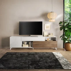Garnero Arredamenti Mobile Tv Basso|Mobili Tv Moderni-Mobile TV 241x67h cm 2 ante 1 cassetto bianco lucido rovere scuro Witty Noce - Bianco Lucido