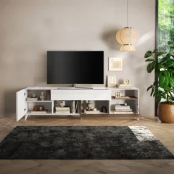 Garnero Arredamenti Mobile Tv Basso|Mobili Tv Moderni-Mobile TV 241x67h cm 2 ante 1 cassetto bianco lucido rovere scuro Witty Noce - Bianco Lucido