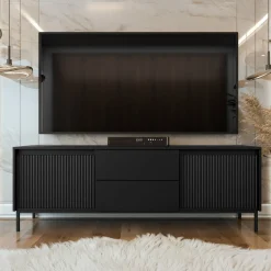 Garnero Arredamenti Mobile Tv Basso|Mobili Tv Moderni-Mobile TV 174x60h cm 2 cassetti design cannettato nero Strike Nero Opaco