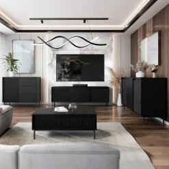 Garnero Arredamenti Mobile Tv Basso|Mobili Tv Moderni-Mobile TV 174x60h cm 2 cassetti design cannettato nero Strike Nero Opaco