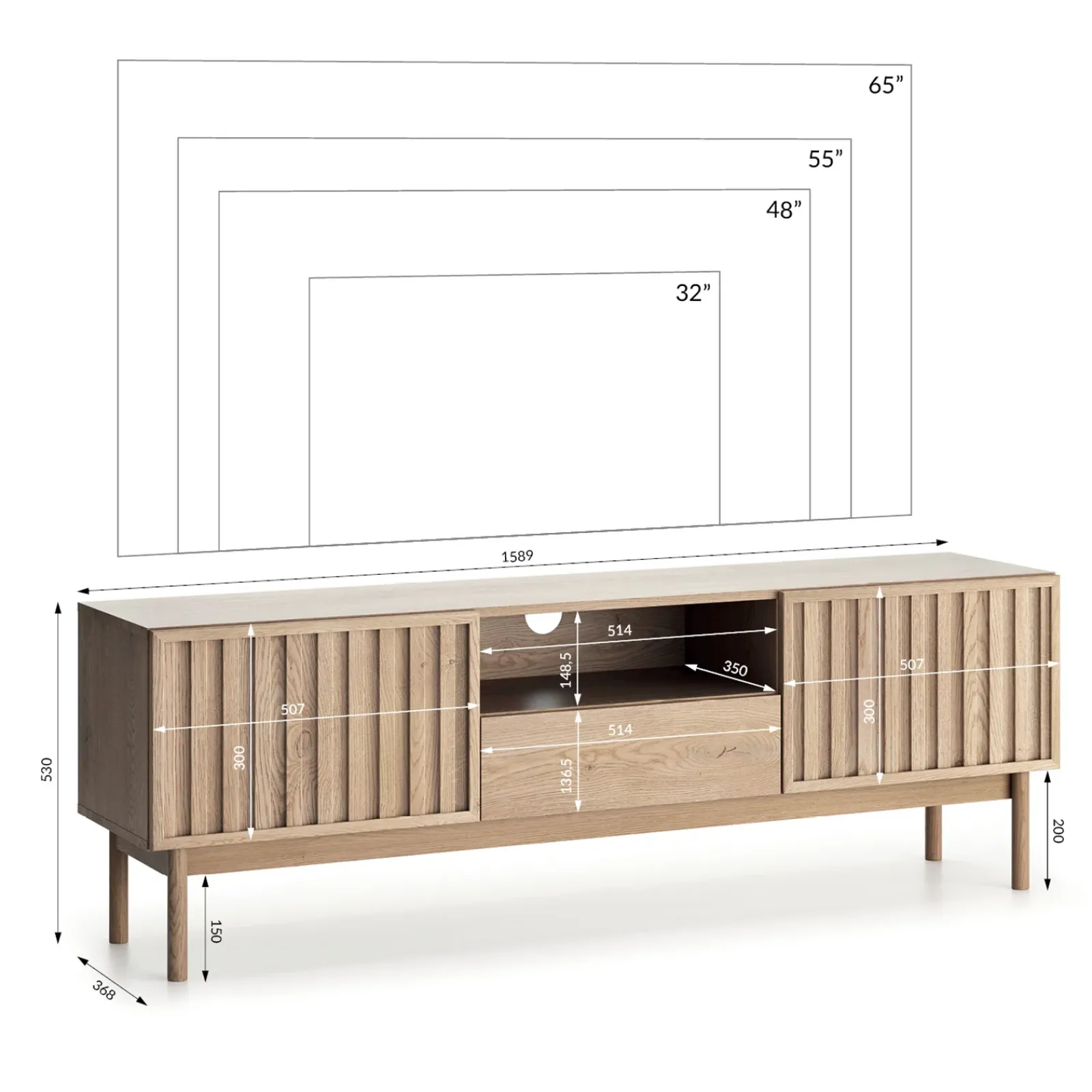 Garnero Arredamenti Mobile Tv In Legno|Mobile Tv Basso-Mobile TV 159x53h cm design cannettato rovere Colby