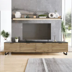 Garnero Arredamenti Mobile Tv In Legno|Mobile Tv Basso-Mobile TV 200x40h cm design rustico cannettato rovere nero List