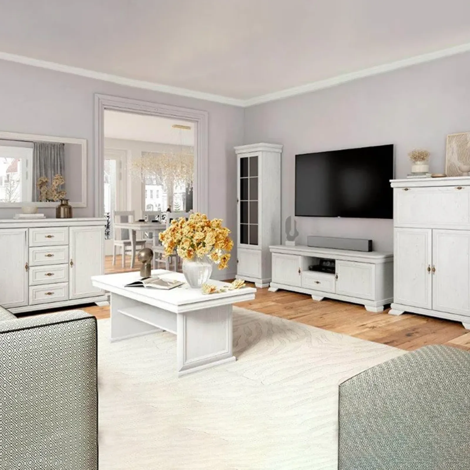 Garnero Arredamenti Mobile Tv Basso-Mobile TV 108x77h cm shabby 1 anta 3 scaffali Kelly Bianco Frassinato