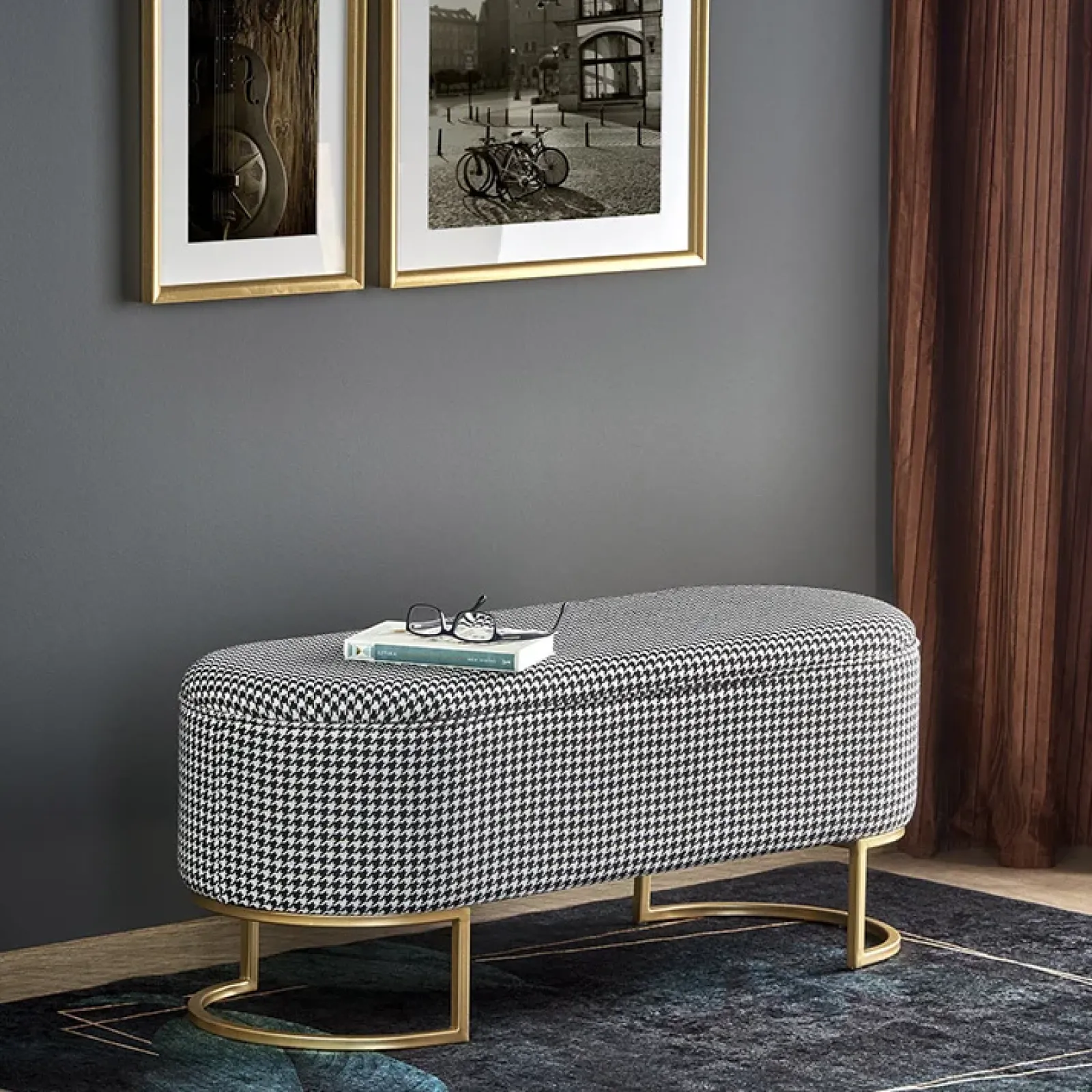 Garnero Arredamenti Panca Ingresso-Panca moderna 105x42cm in tessuto nero bianco oro Denes