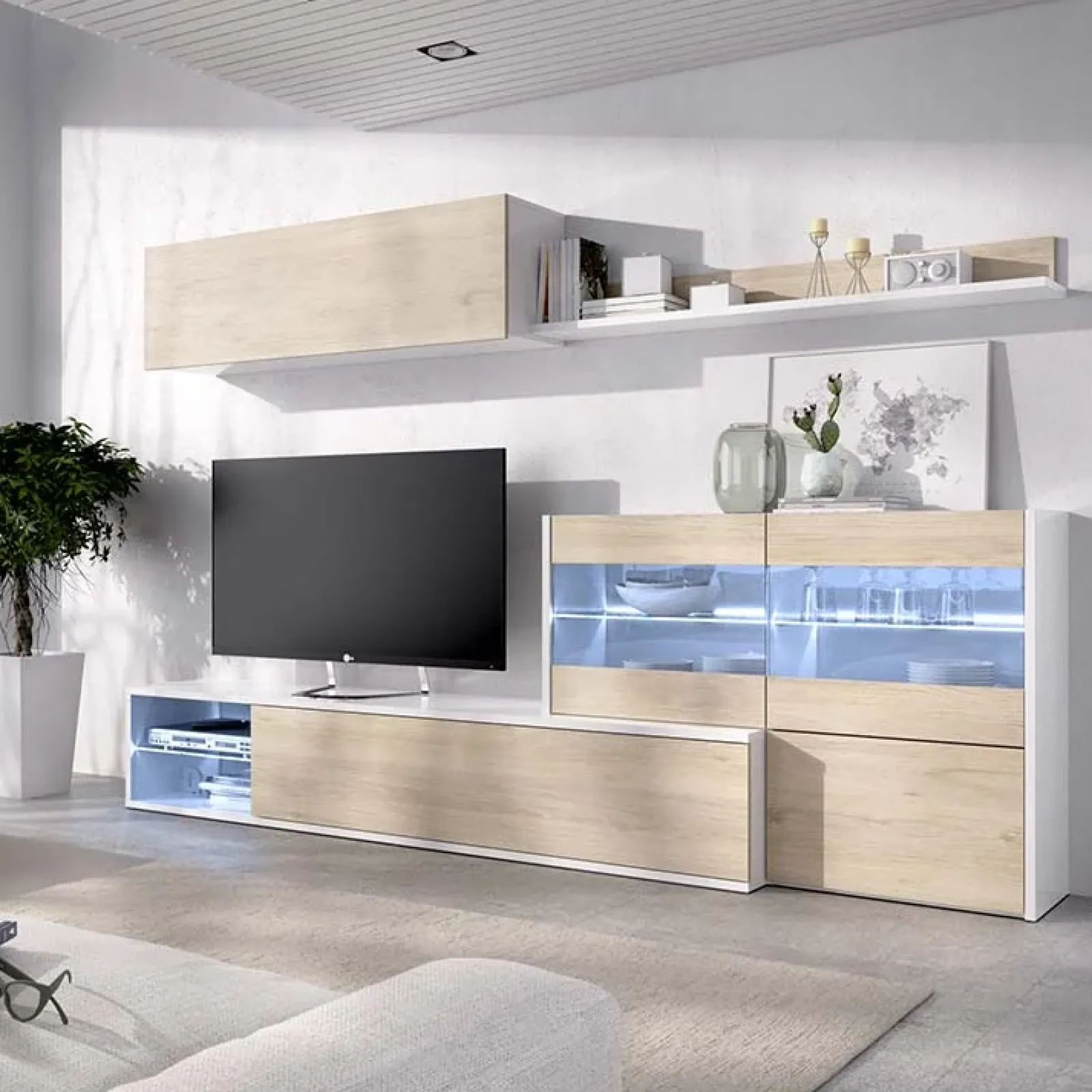 Garnero Arredamenti Parete Attrezzata A Terra|Pareti Attrezzate-Parete attrezzata componibile 260x175h cm rovere bianco lucido Emily