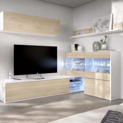 Garnero Arredamenti Parete Attrezzata A Terra|Pareti Attrezzate-Parete attrezzata componibile 260x175h cm rovere bianco lucido Emily