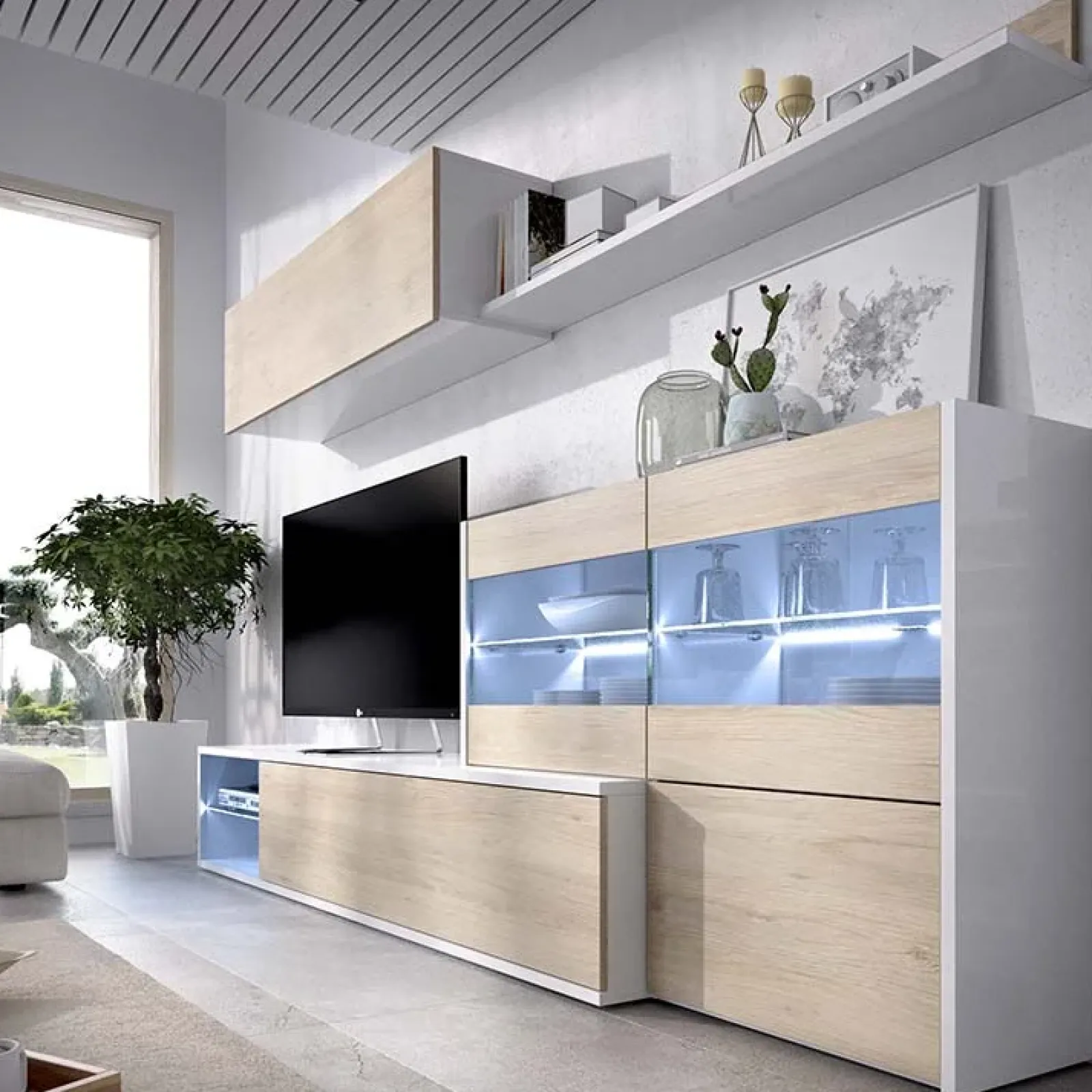 Garnero Arredamenti Parete Attrezzata A Terra|Pareti Attrezzate-Parete attrezzata componibile 260x175h cm rovere bianco lucido Emily