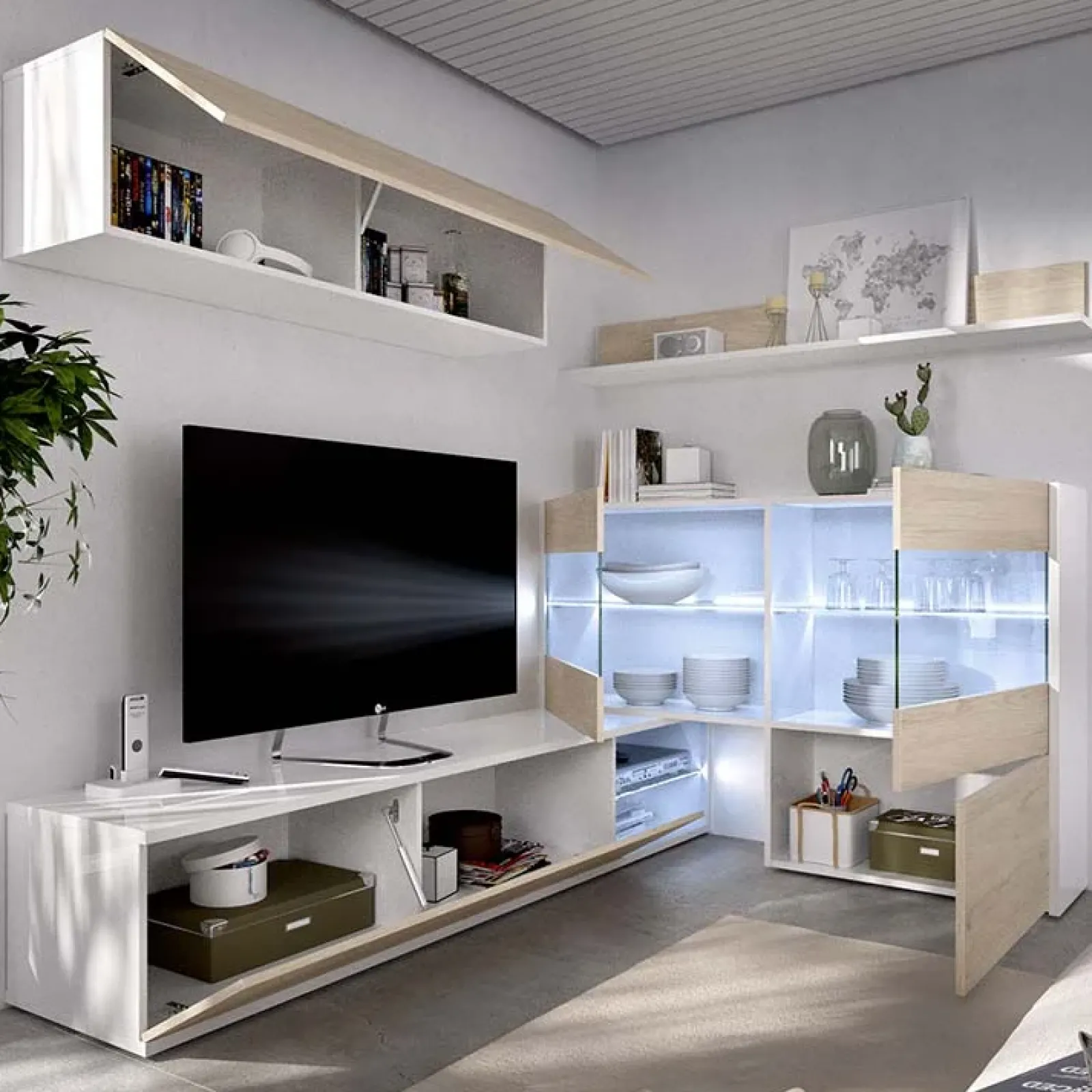 Garnero Arredamenti Parete Attrezzata A Terra|Pareti Attrezzate-Parete attrezzata componibile 260x175h cm rovere bianco lucido Emily