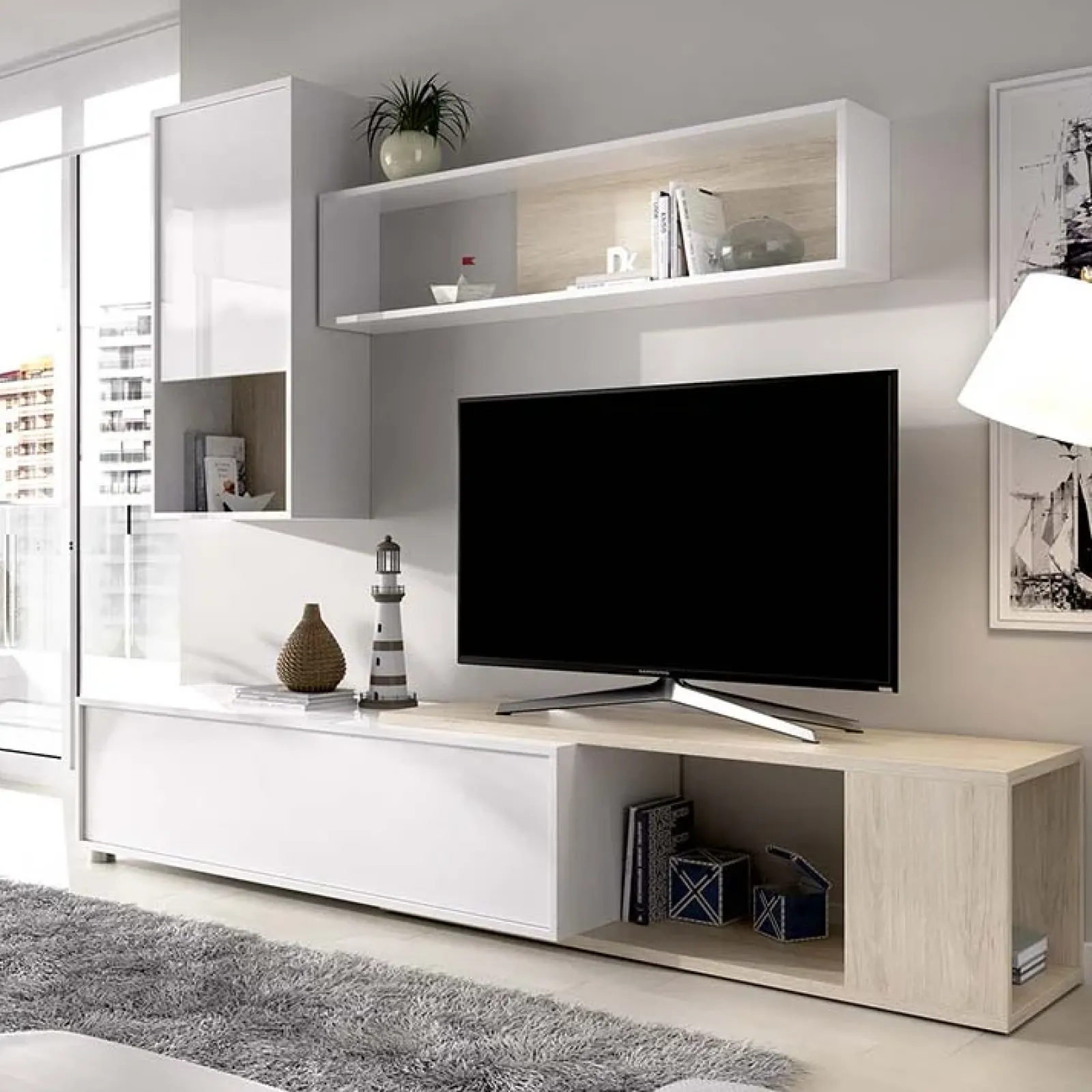 Garnero Arredamenti Parete Attrezzata A Terra|Pareti Attrezzate-Parete attrezzata componibile 260x190h cm rovere bianco lucido Flip