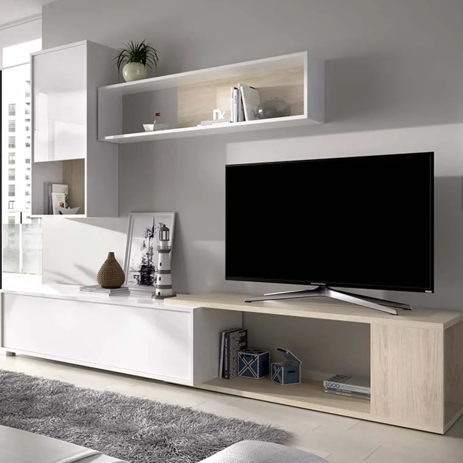 Garnero Arredamenti Parete Attrezzata A Terra|Pareti Attrezzate-Parete attrezzata componibile 260x190h cm rovere bianco lucido Flip