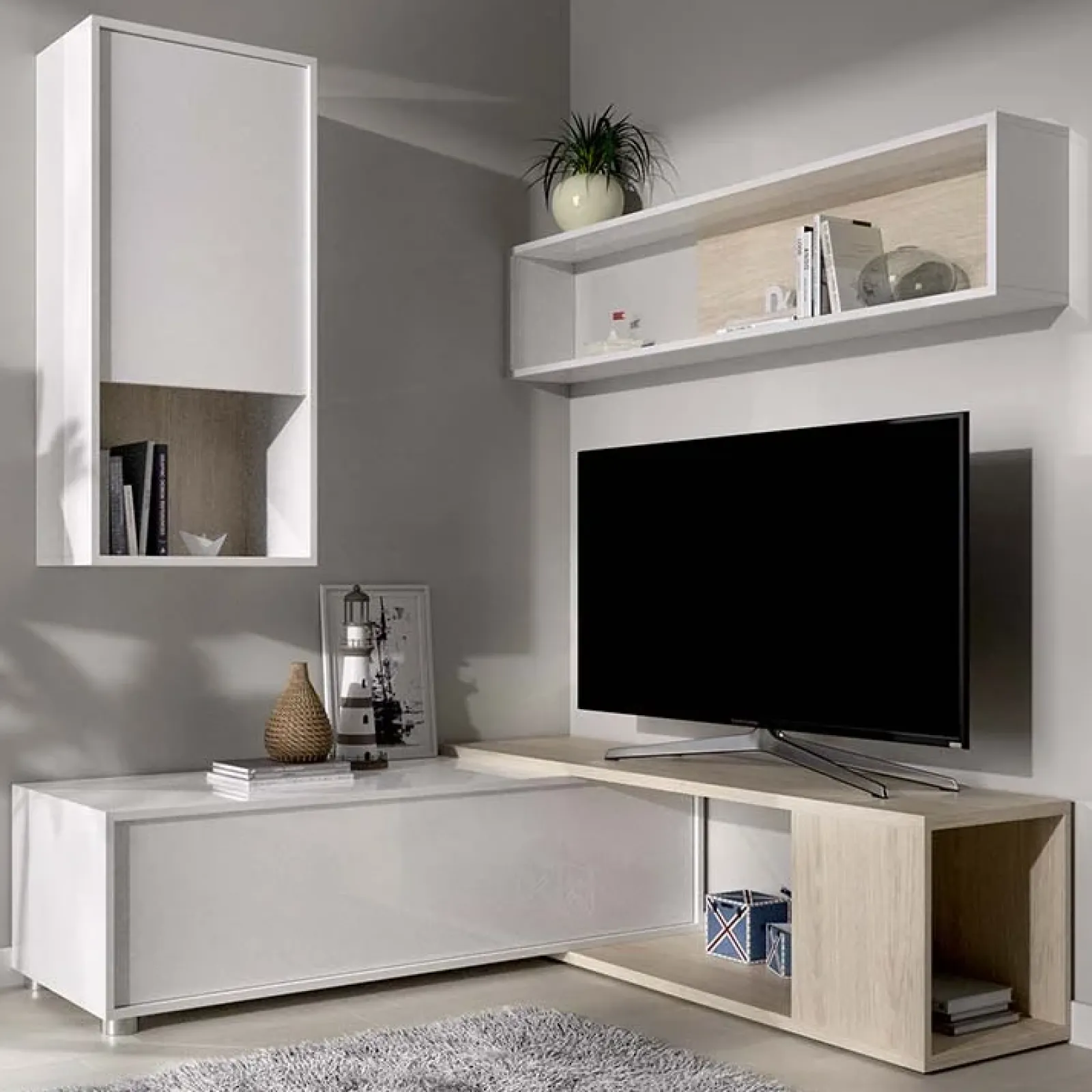 Garnero Arredamenti Parete Attrezzata A Terra|Pareti Attrezzate-Parete attrezzata componibile 260x190h cm rovere bianco lucido Flip