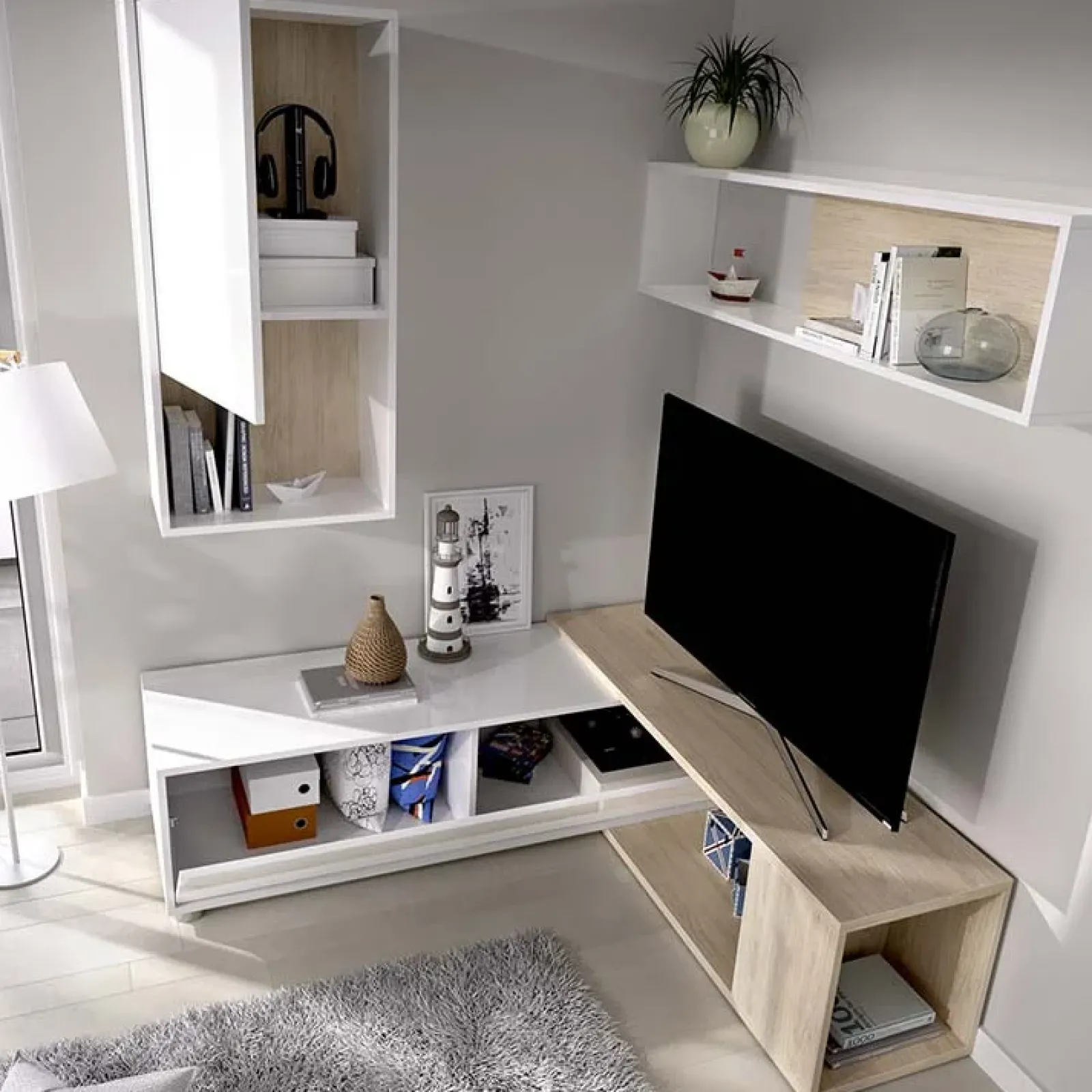 Garnero Arredamenti Parete Attrezzata A Terra|Pareti Attrezzate-Parete attrezzata componibile 260x190h cm rovere bianco lucido Flip