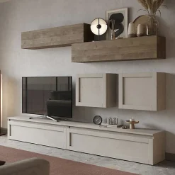 Garnero Arredamenti Parete Attrezzata A Terra|Pareti Attrezzate-Parete attrezzata con telaio 276x190h cm soggiorno tortora rovere scuro Sunset 1