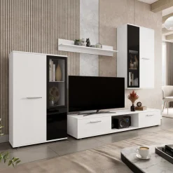 Garnero Arredamenti Parete Attrezzata A Terra|Pareti Attrezzate-Parete attrezzata con vetrina 235x180h cm bianco nero Leeds