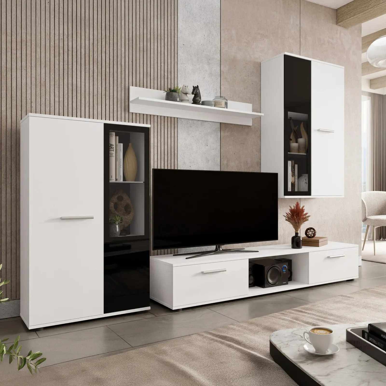 Garnero Arredamenti Parete Attrezzata A Terra|Pareti Attrezzate-Parete attrezzata con vetrina 235x180h cm bianco nero Leeds