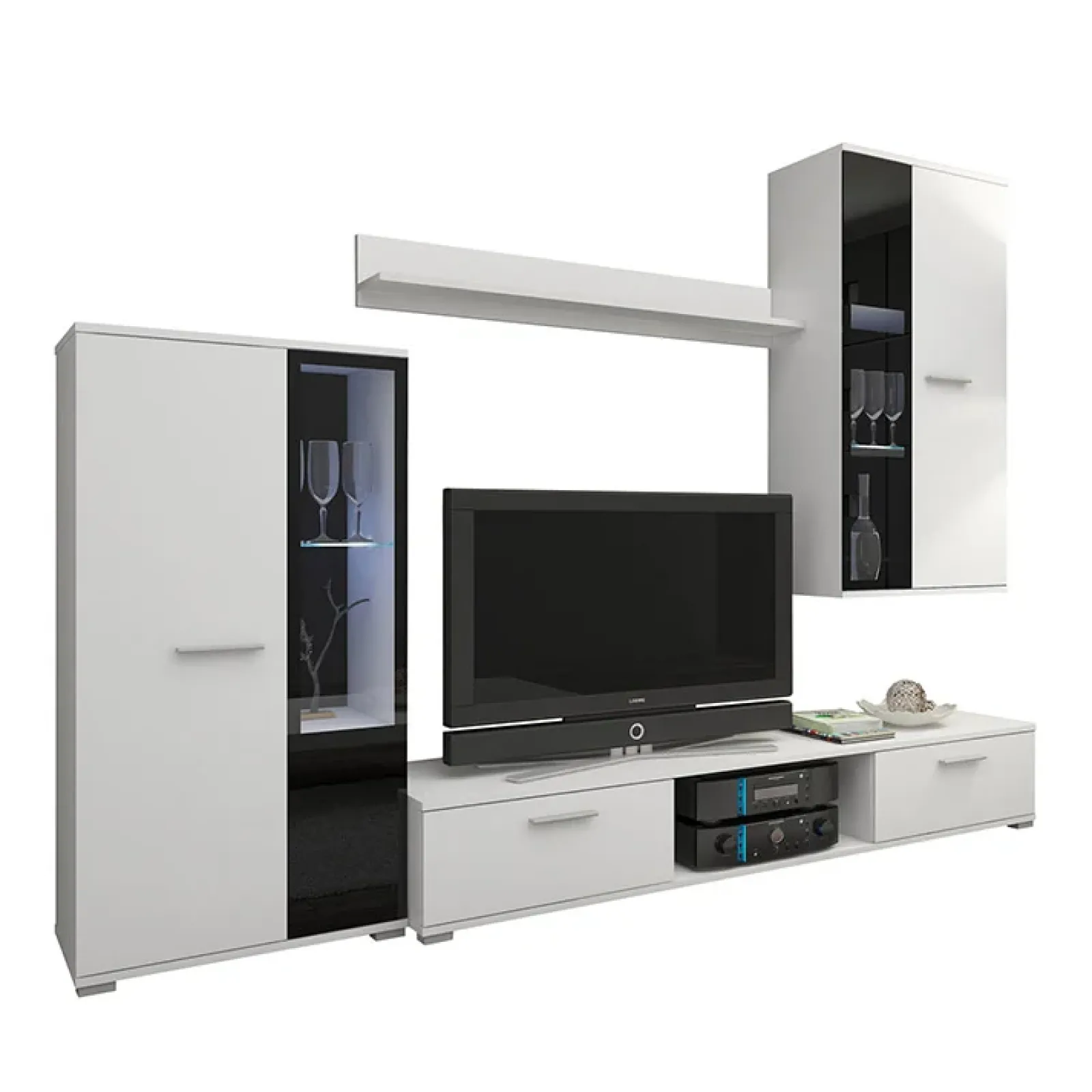 Garnero Arredamenti Parete Attrezzata A Terra|Pareti Attrezzate-Parete attrezzata con vetrina 235x180h cm bianco nero Leeds