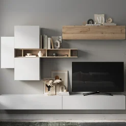 Garnero Arredamenti Parete Attrezzata Sospesa|Pareti Attrezzate-Parete attrezzata sospesa 276x190h cm moderna bianco lucido rovere chiaro Sunset 44 Rovere - Bianco Lucido