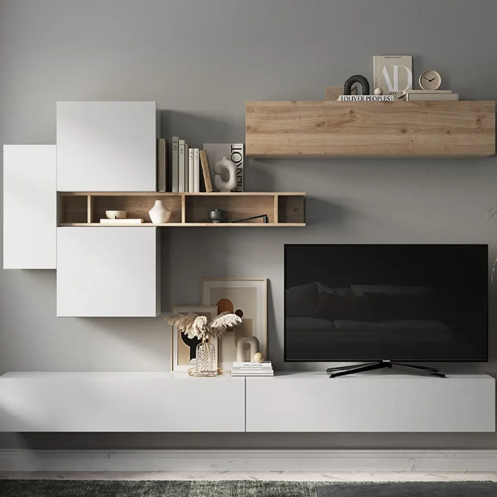 Garnero Arredamenti Parete Attrezzata Sospesa|Pareti Attrezzate-Parete attrezzata sospesa 276x190h cm moderna bianco lucido rovere chiaro Sunset 44 Rovere - Bianco Lucido