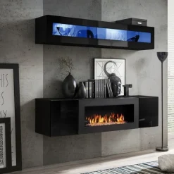 Garnero Arredamenti Camino Bioetanolo|Parete Attrezzata Con Camino-Parete attrezzata sospesa 160x150h cm con biocamino nero e vetrina N Gihome® Nero Lucido