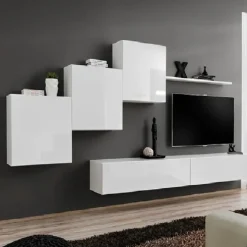 Garnero Arredamenti Parete Attrezzata Sospesa|Pareti Attrezzate-Parete attrezzata sospesa 260x170h cm moderna bianco opaco lucido Geo 08