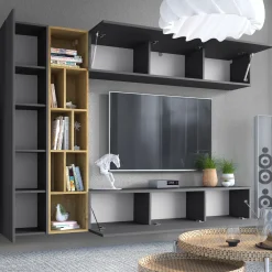 Garnero Arredamenti Parete Attrezzata Sospesa|Pareti Attrezzate-Parete attrezzata sospesa 224x160h cm moderna rovere Artemisia Antracite