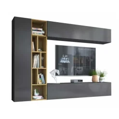 Garnero Arredamenti Parete Attrezzata Sospesa|Pareti Attrezzate-Parete attrezzata sospesa 224x160h cm moderna rovere Artemisia Antracite