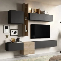 Garnero Arredamenti Parete Attrezzata Sospesa|Pareti Attrezzate-Parete attrezzata sospesa 262x220h cm rovere chiaro ossido nero Sunset 12 Ossido - Rovere