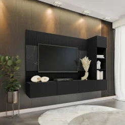 Garnero Arredamenti Parete Attrezzata Sospesa|Pareti Attrezzate-Parete attrezzata sospesa 220x150h cm con colonna nero cannettato effetto marmo Ilaria Nero Opaco