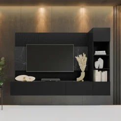 Garnero Arredamenti Parete Attrezzata Sospesa|Pareti Attrezzate-Parete attrezzata sospesa 220x150h cm con colonna nero cannettato effetto marmo Ilaria Nero Opaco