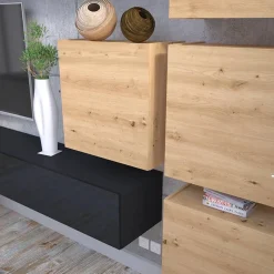 Garnero Arredamenti Parete Attrezzata Sospesa|Pareti Attrezzate-Parete attrezzata sospesa 300x210h cm nero lucido rovere Tempus Rovere - Nero Lucido