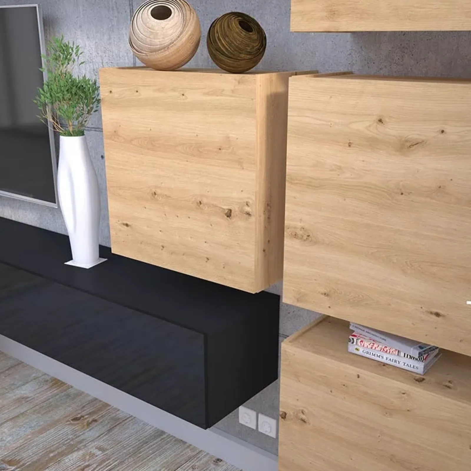 Garnero Arredamenti Parete Attrezzata Sospesa|Pareti Attrezzate-Parete attrezzata sospesa 300x210h cm nero lucido rovere Tempus Rovere - Nero Lucido