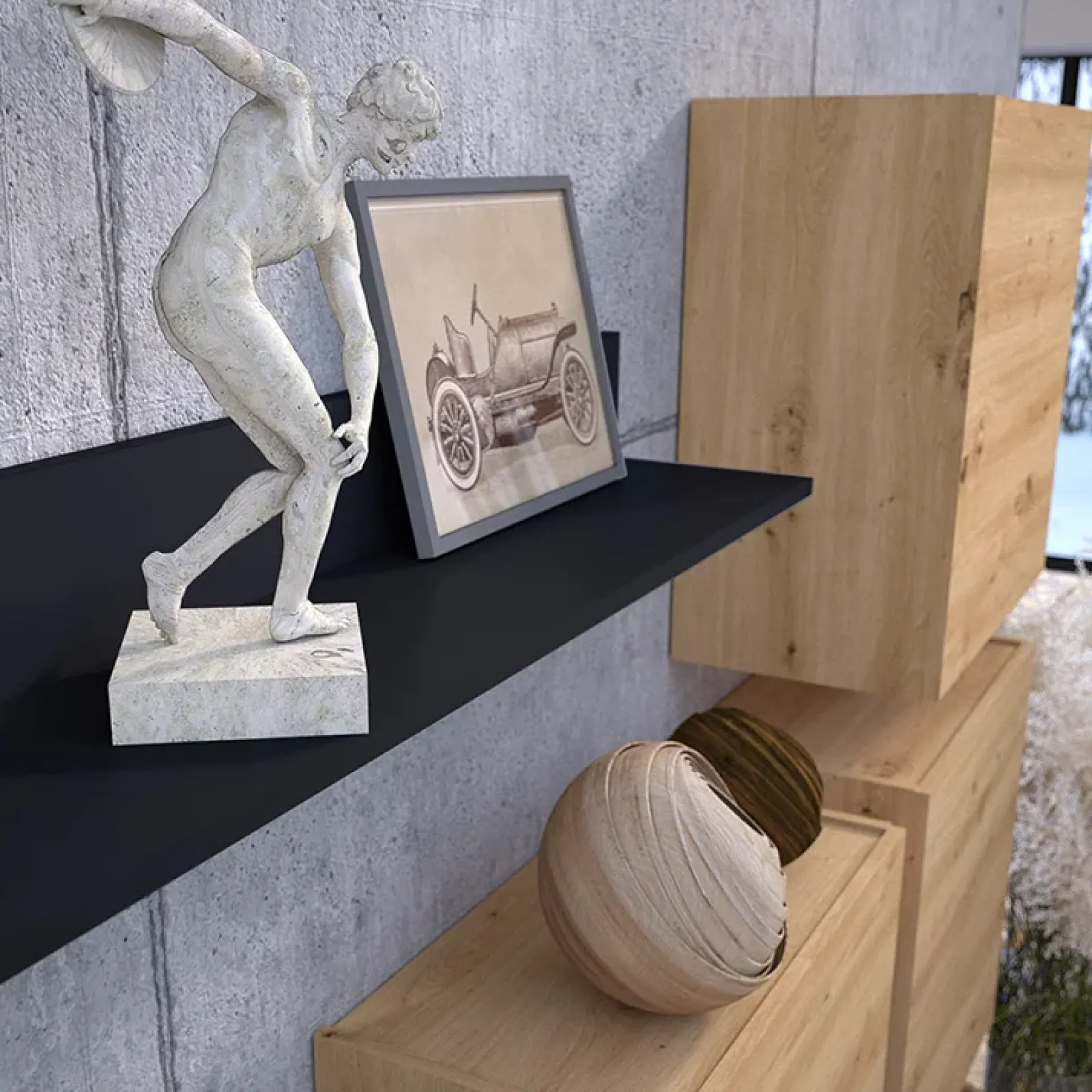 Garnero Arredamenti Parete Attrezzata Sospesa|Pareti Attrezzate-Parete attrezzata sospesa 300x210h cm nero lucido rovere Tempus Rovere - Nero Lucido